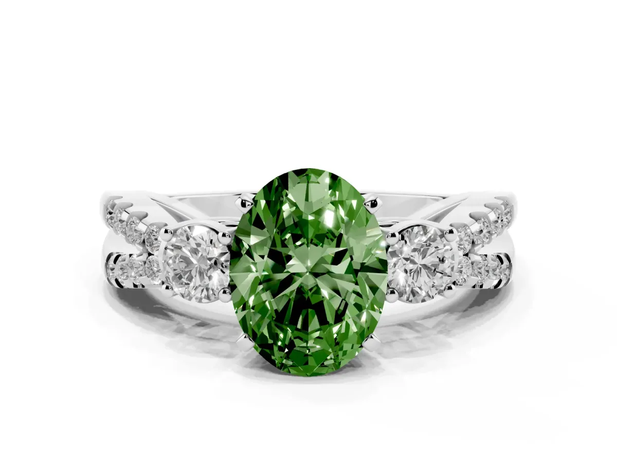 Fancy Green Oval Cut Diamond Three-Stone Ring with Pavé Split Shank and Four-Prong Setting Silver