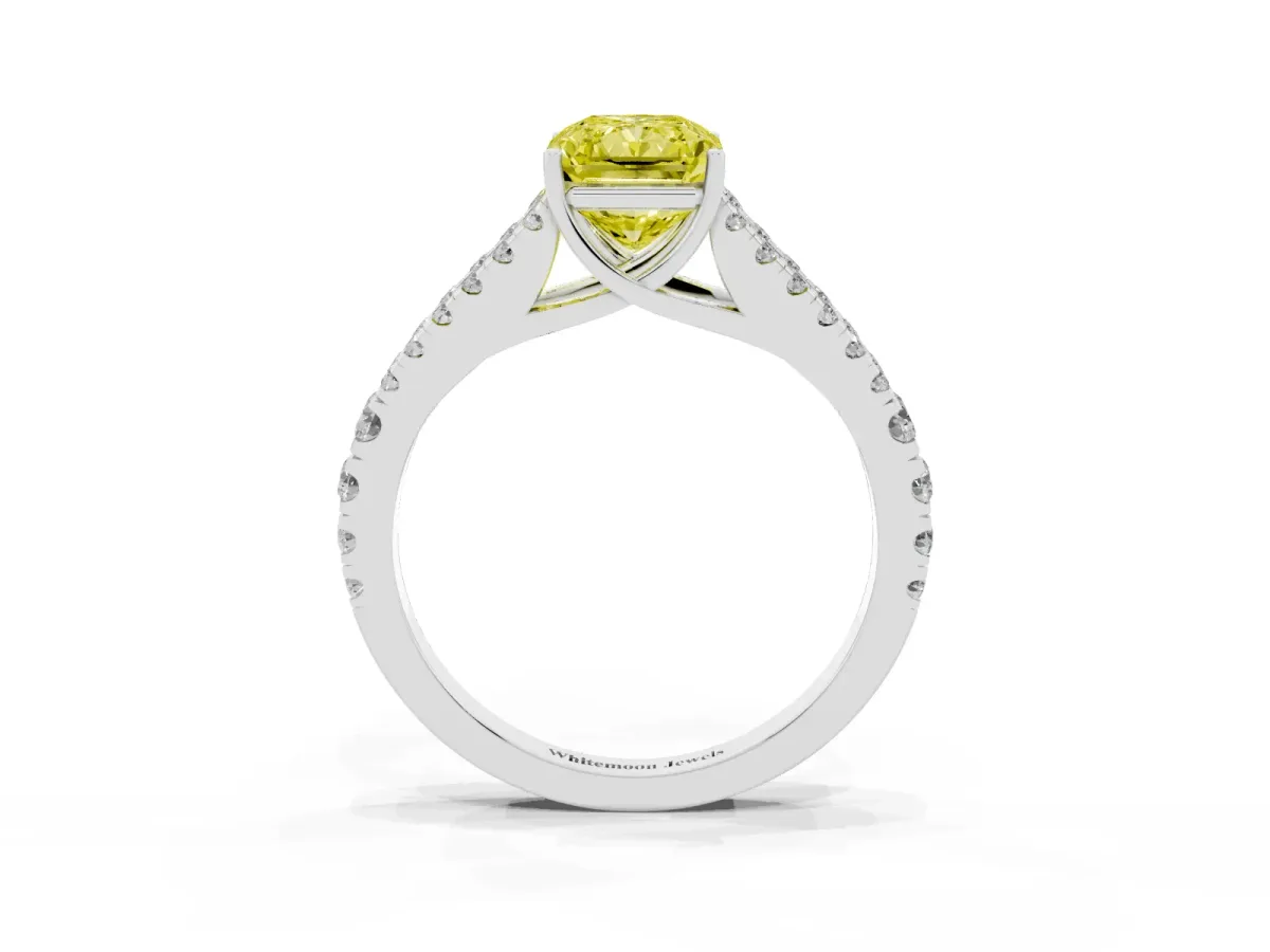 Fancy Yellow Radiant Cut Diamond Split Shank Engagement Ring with Round Pavé and Prong Setting Silver