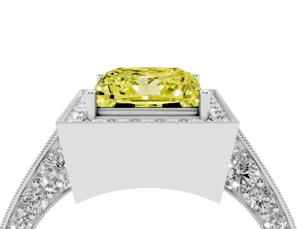 Fancy Yellow Princess Cut Halo Diamond Engagement Ring with Split Shank Band and Four-Prong Setting Silver
