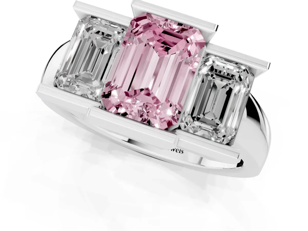 Fancy Pink Three Stone Emerald Cut Cut Channel Set Diamond Ring Platinum