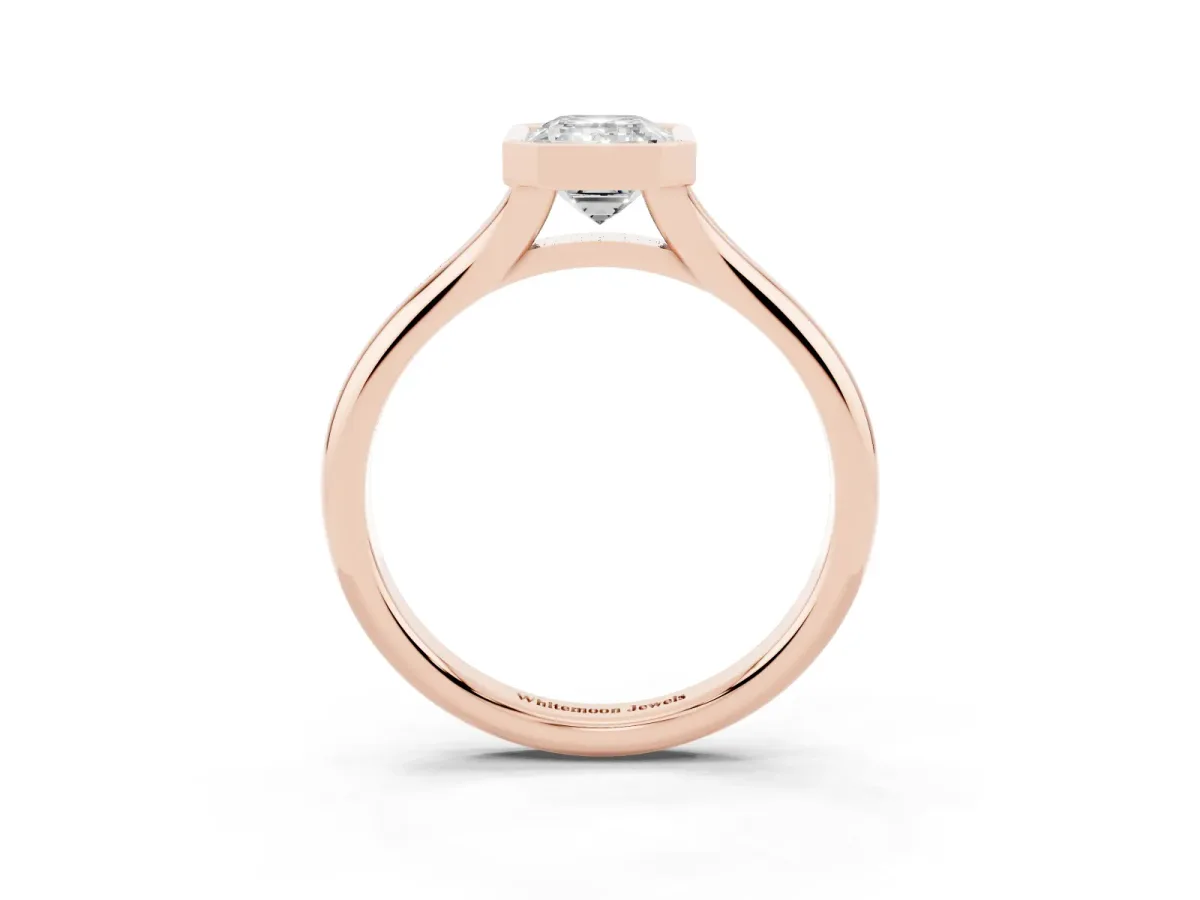 Bezel Set Emerald Cut Solitaire Diamond Ring with Smooth Band Rose gold