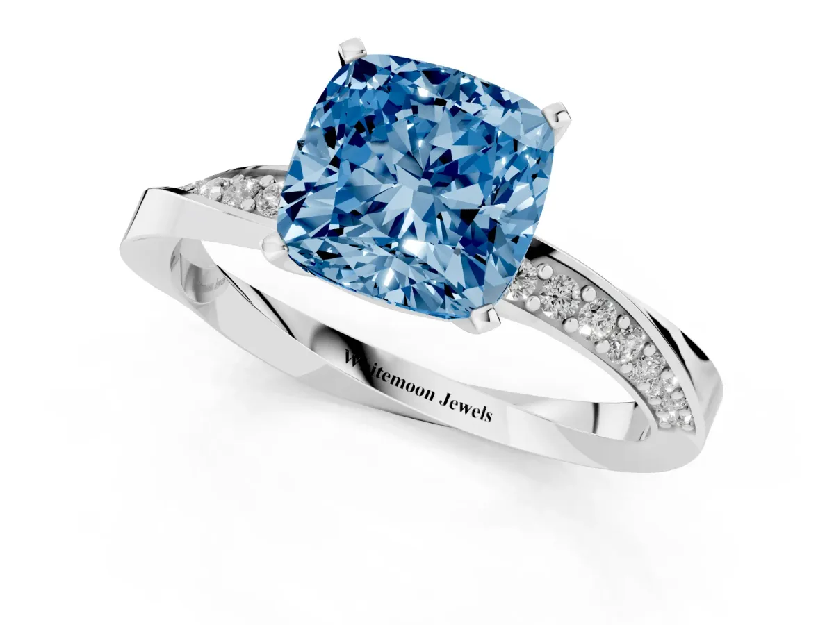 Fancy Blue Cushion Cut Diamond Engagement Ring with Side Stone Accents and Four-Prong Setting White gold