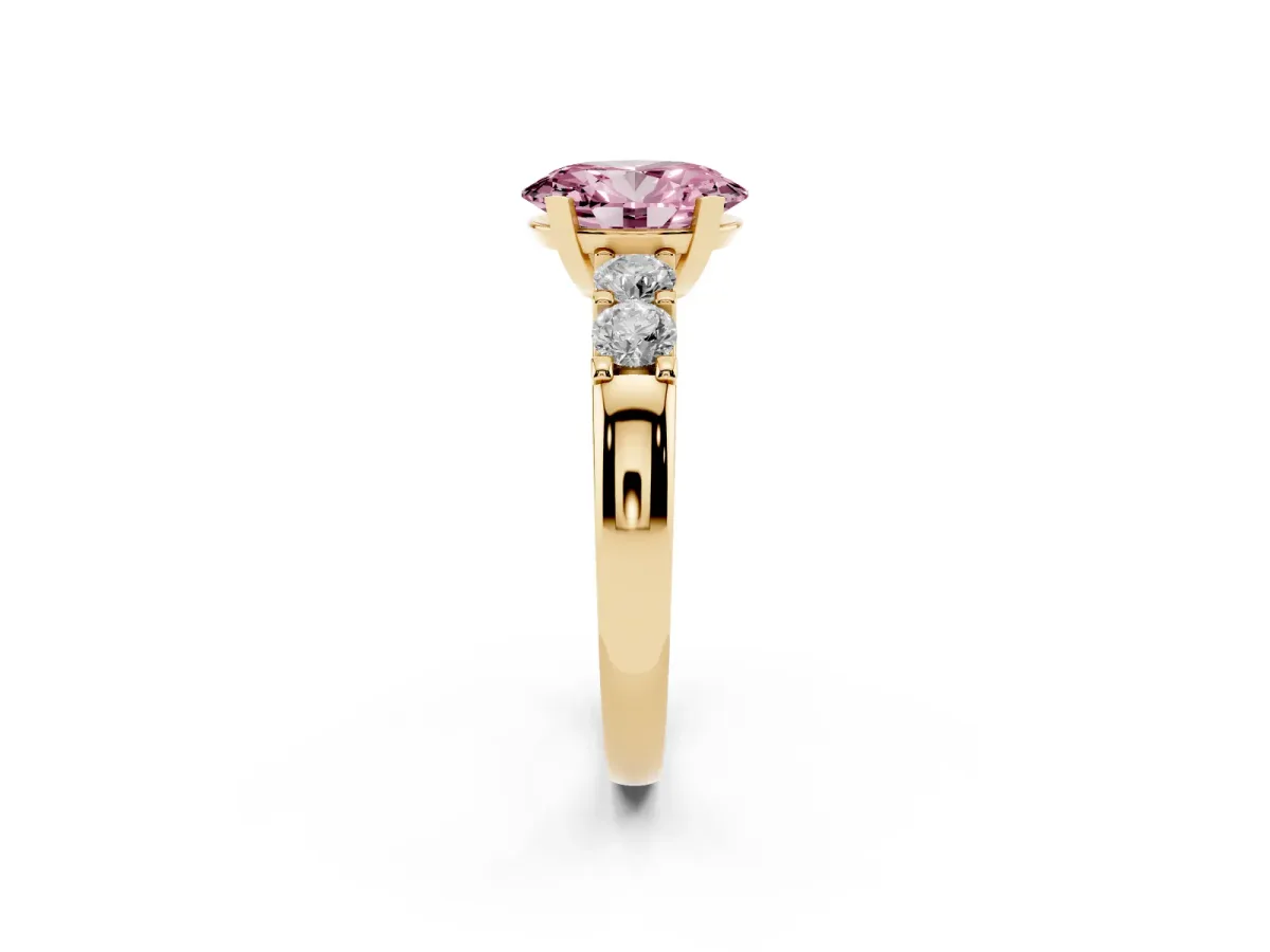 Fancy Pink Oval Cut Brilliant Cut Diamond Five-Stone Prong Set Engagement Ring with Channel Band Yellow gold