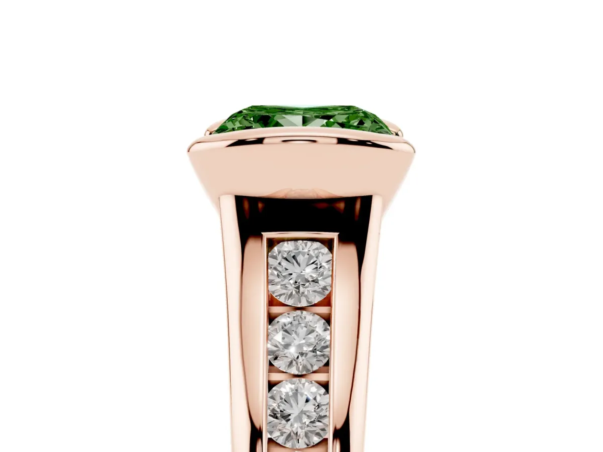 Fancy Green Princess Cut Solitaire Bezel-Set Diamond Ring with Channel-Set Band Rose gold