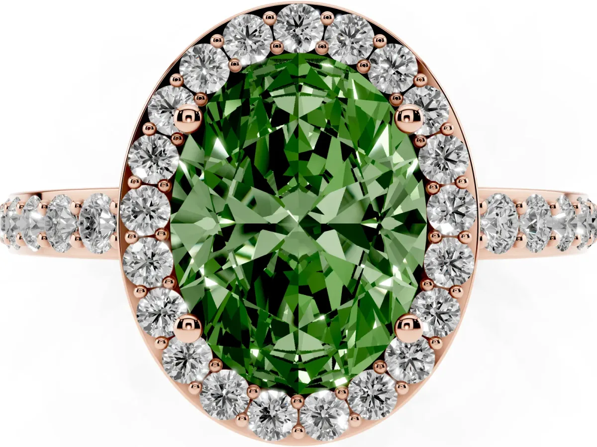Fancy Green Oval Cut Halo Diamond Pavé Band Ring with Prong Setting Rose gold