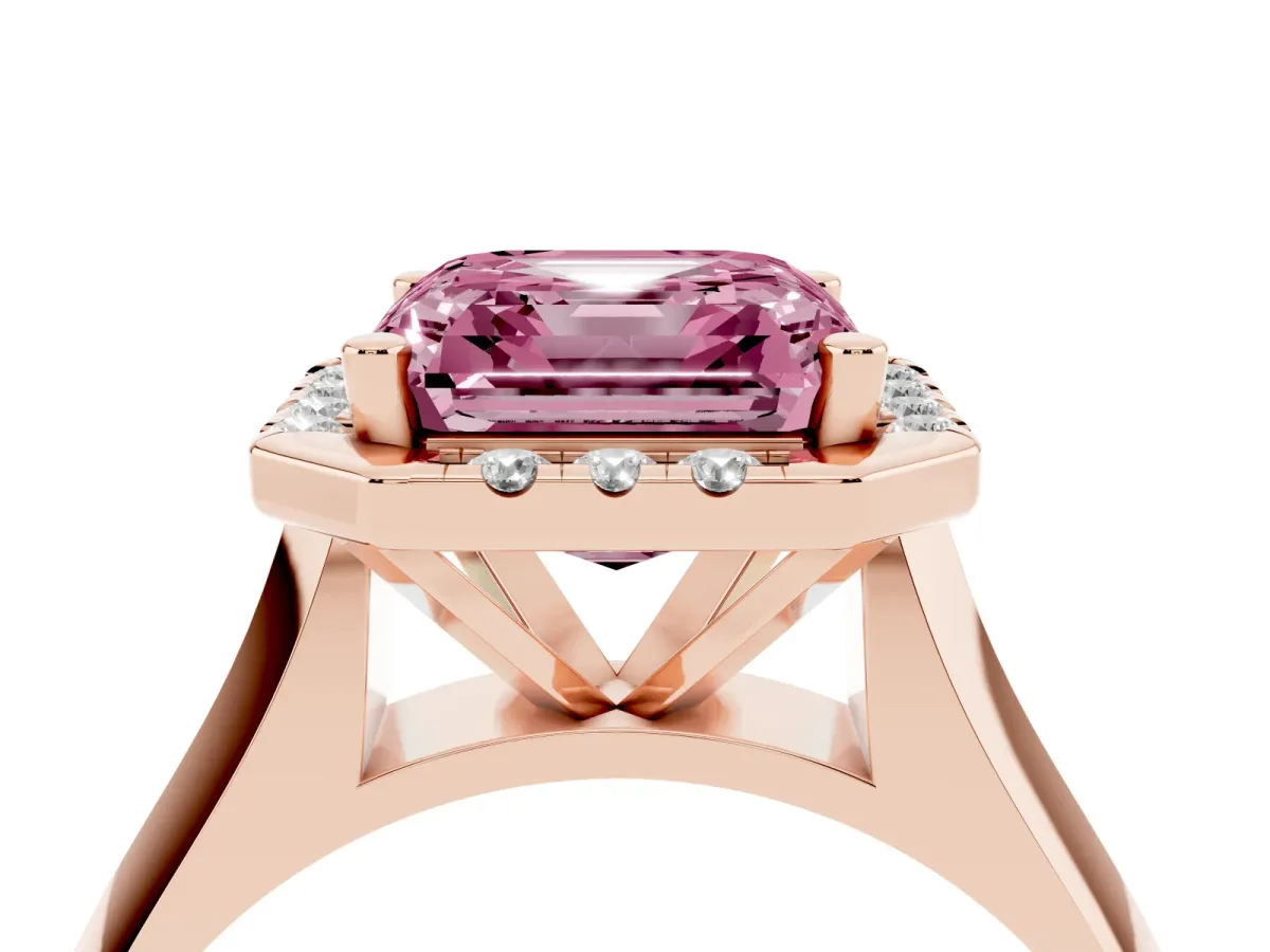 Fancy Pink Asscher Cut Cut Halo Solitaire Engagement Ring with Square Band and Four-Prong Setting Rose gold