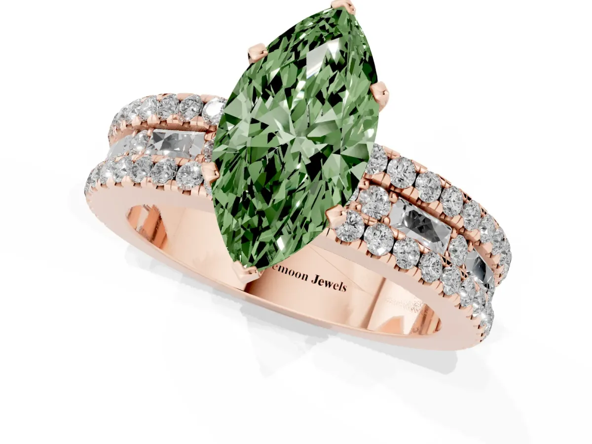 Fancy Green Marquise Cut Diamond Solitaire Ring with Pavé and Channel Set Band Rose gold