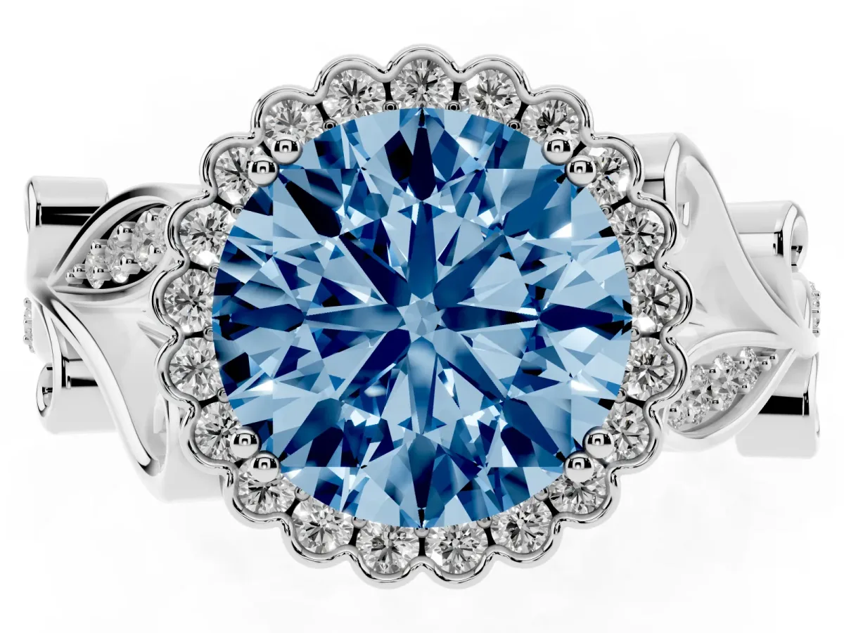 Fancy Blue Round Cut Diamond Halo Ring with Vintage Split Shank and Four-Prong Setting Silver