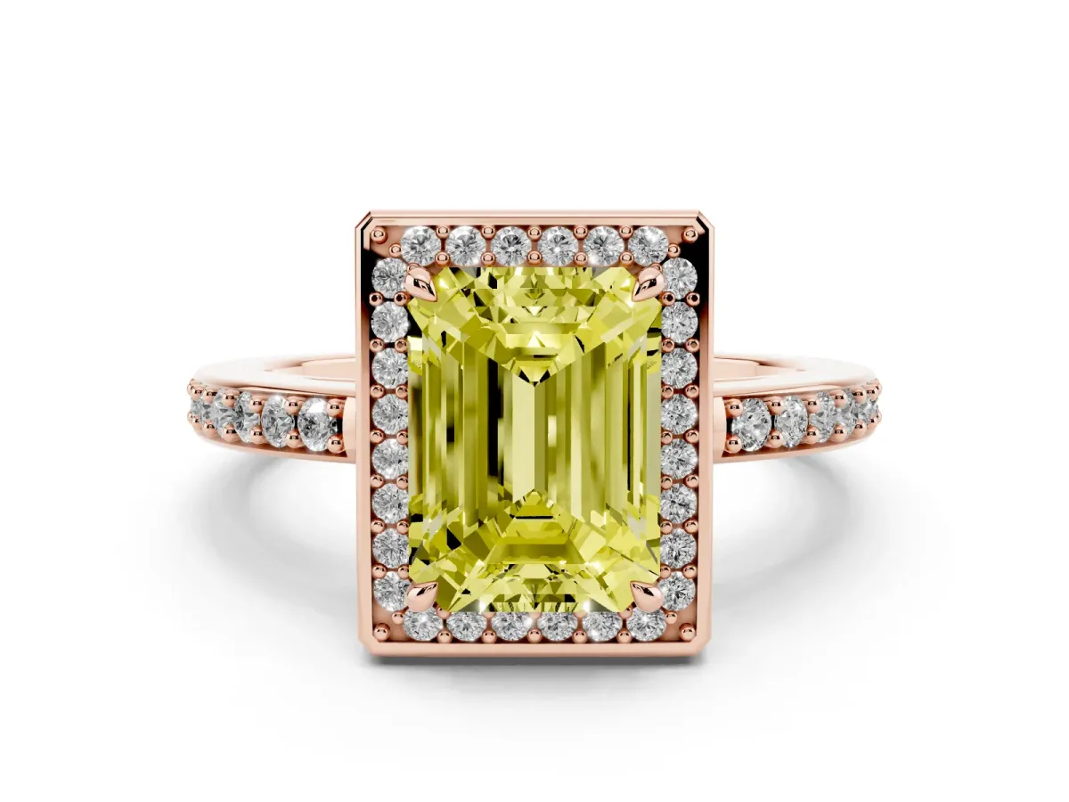 Fancy Yellow Emerald Cut Halo Pave Band Solitaire Ring with Prong Setting Rose gold