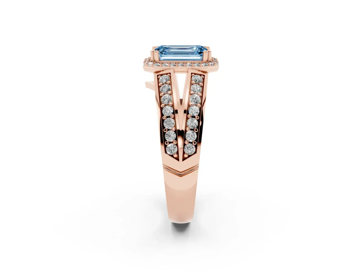 Fancy Blue Emerald Cut Diamond Halo Ring with Split Shank Pavé Band and Four-Prong Setting Rose gold