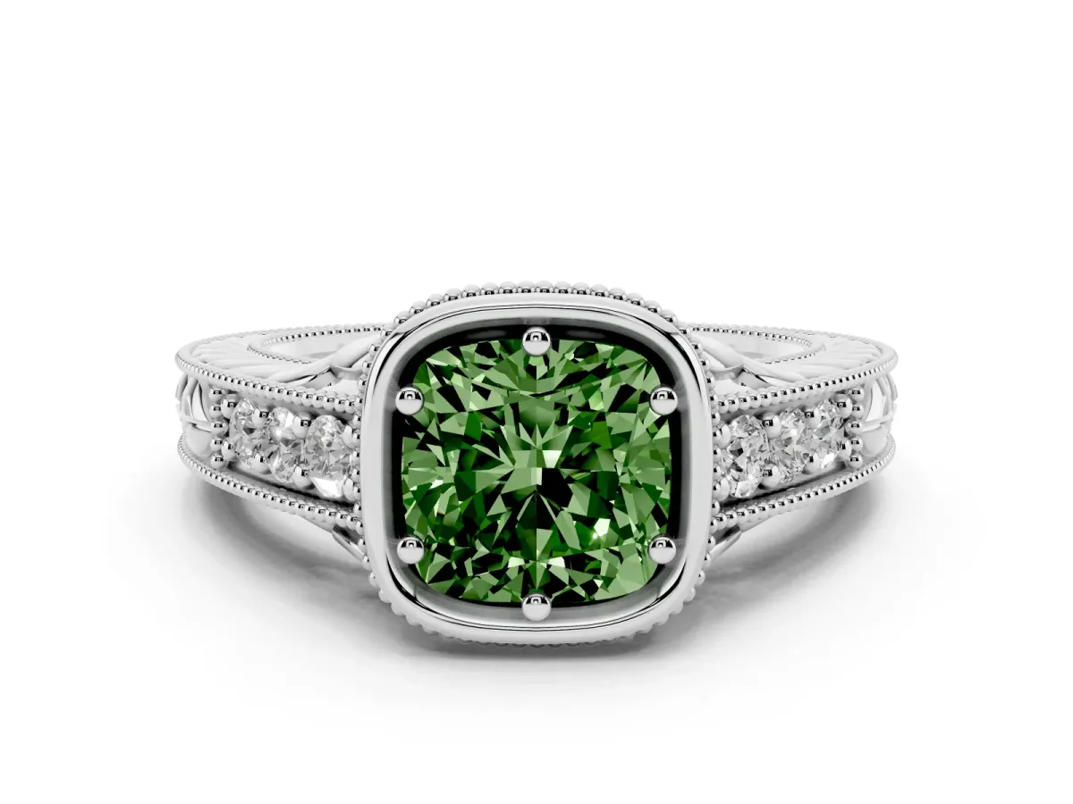 Fancy Green Bezel Set Cushion Cut Diamond Milgrain Pave Engagement Ring Silver