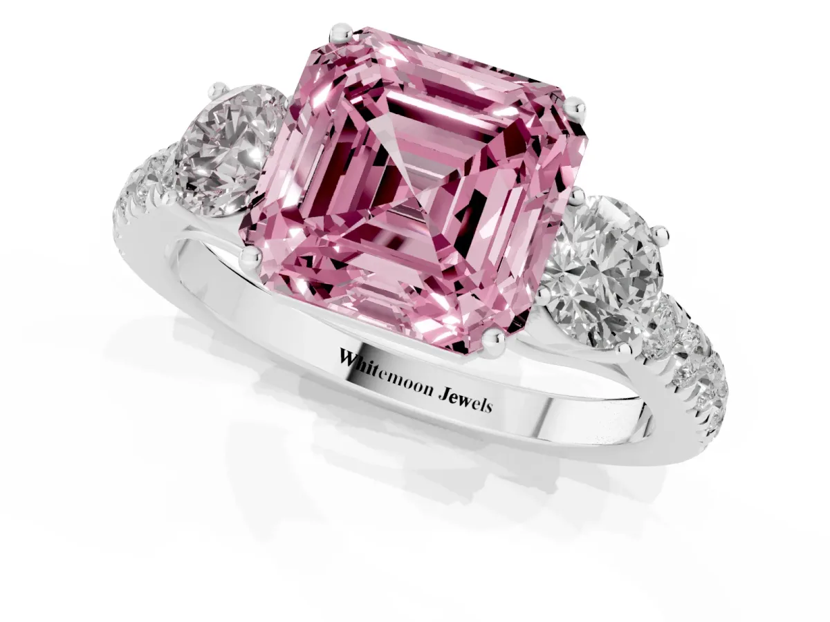 Fancy Pink Asscher Cut Cut Diamond Three-Stone Ring with Round Side Stones and Pavé Band Silver