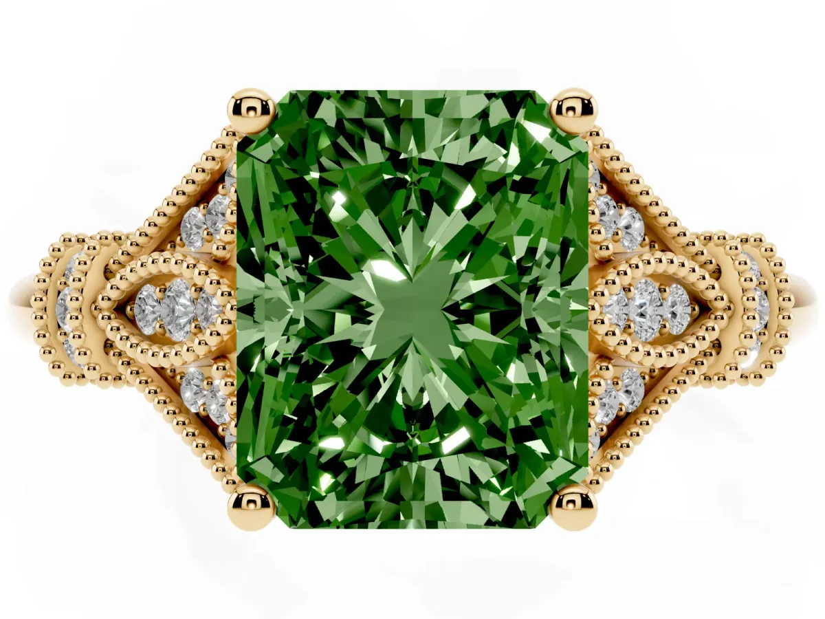 Fancy Green Radiant Cut Diamond Solitaire Ring with Floral Filigree and Pave Accents Yellow gold