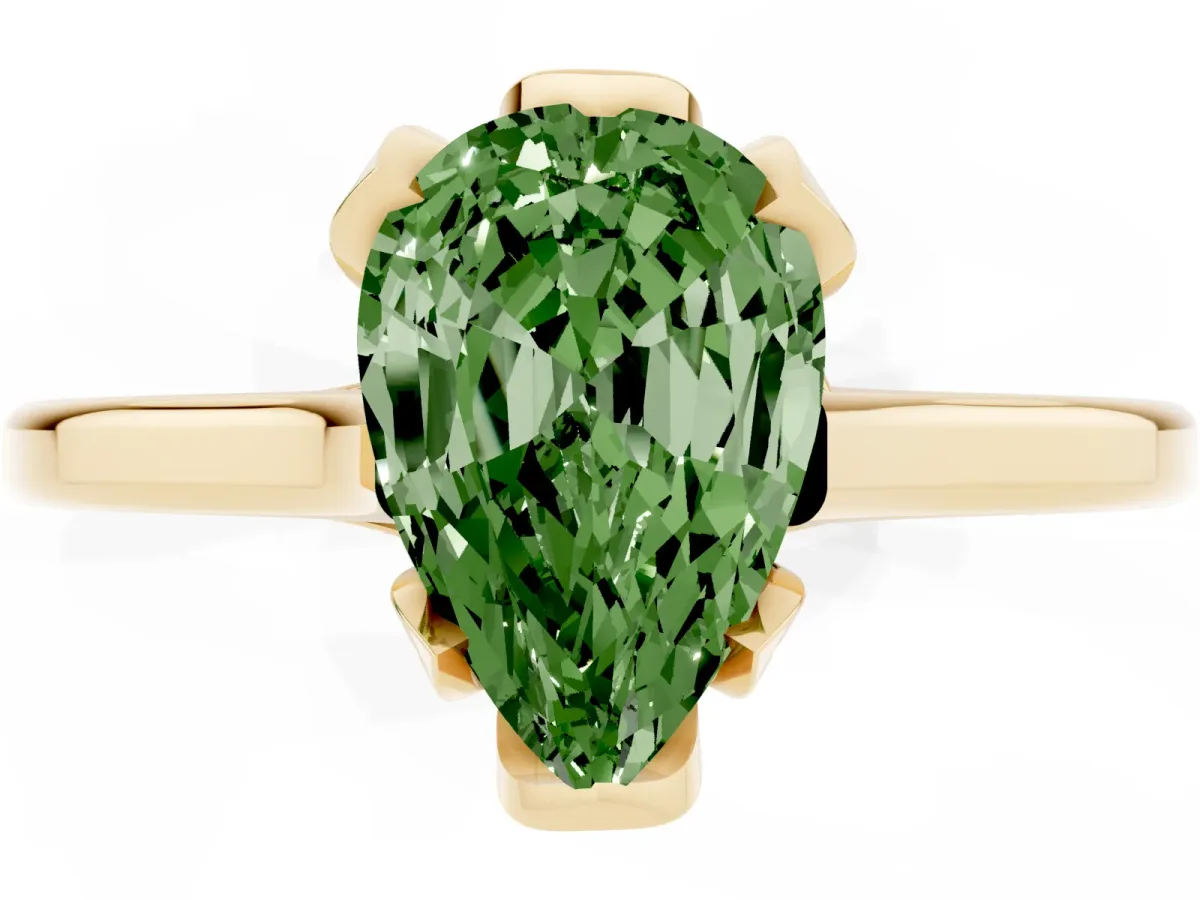 Fancy Green Pear Cut Diamond Solitaire Ring with Flower Prong Setting and Classic Band Yellow gold