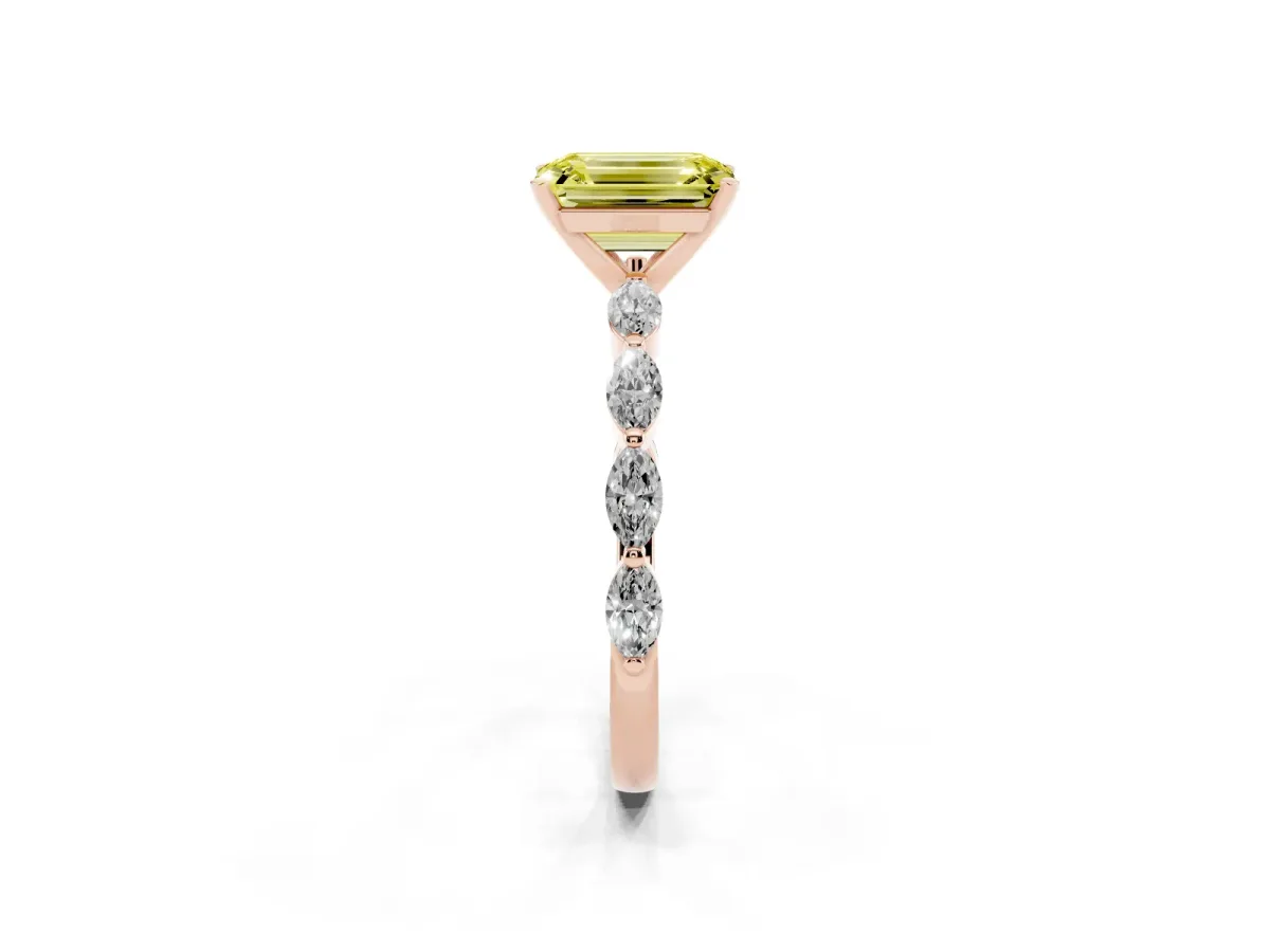 Fancy Yellow Emerald Cut Diamond Ring with Marquise Side Stones and Prong Setting Rose gold