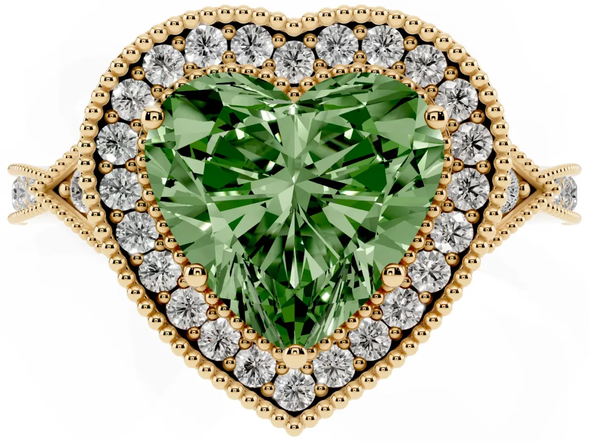 Fancy Green Heart Cut Halo Round Diamond Milgrain Pave Engagement Ring Yellow gold