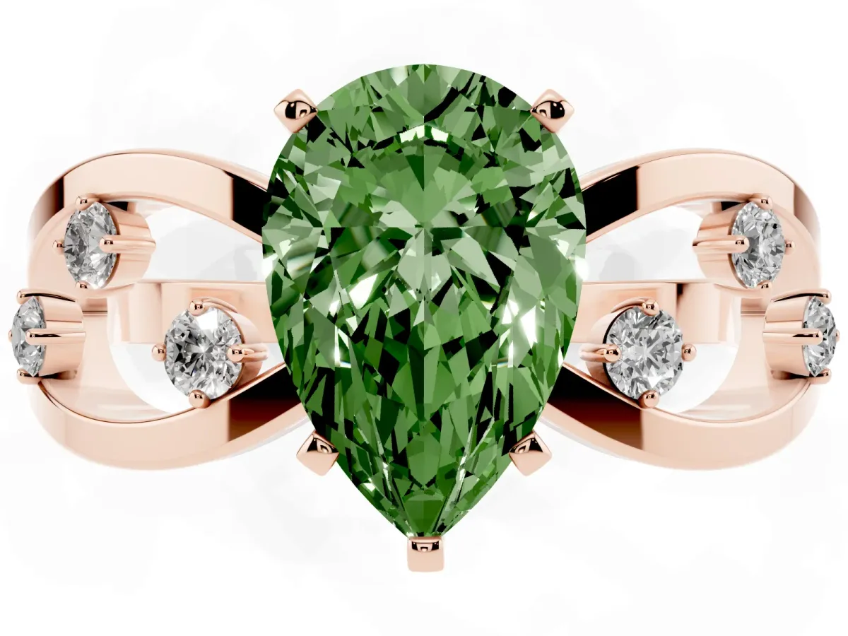 Fancy Green Pear Cut Cut Solitaire Diamond with Side Stones on Criss-Cross Band and Four-Prong Setting Rose gold