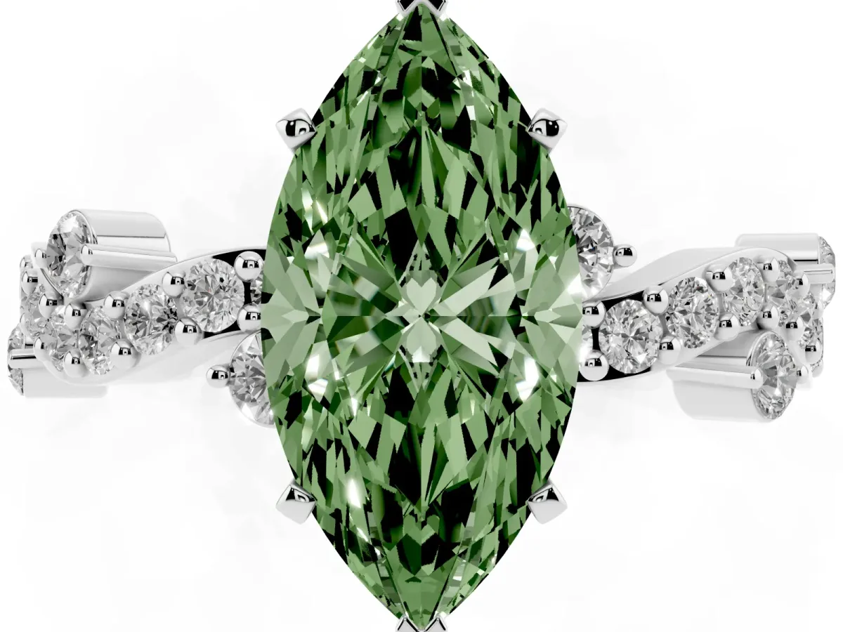 Fancy Green Marquise Cut Cut Solitaire Diamond Twisted Band with Pave Setting Silver