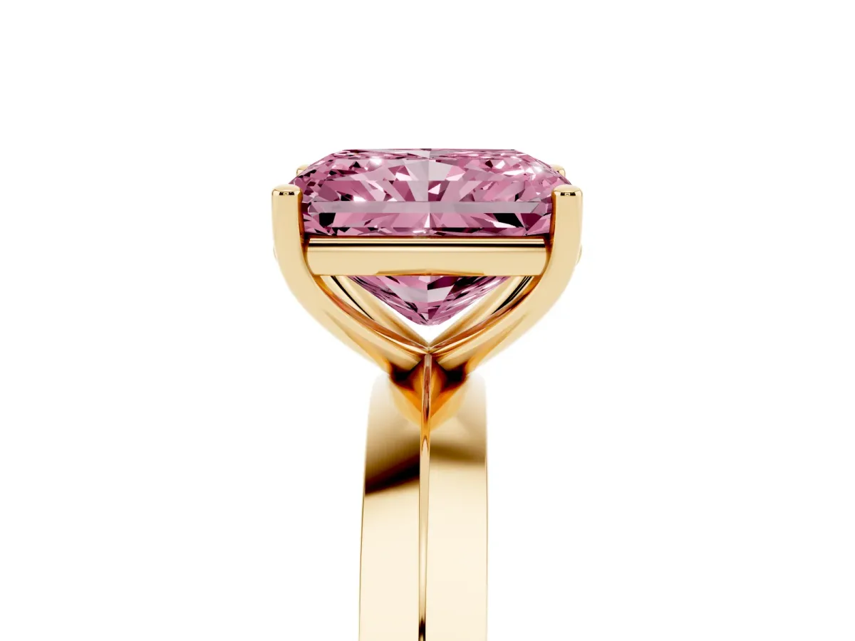 Fancy Pink Radiant Cut Cut Solitaire Engagement Ring with Flat Band and Four-Prong Setting Yellow gold