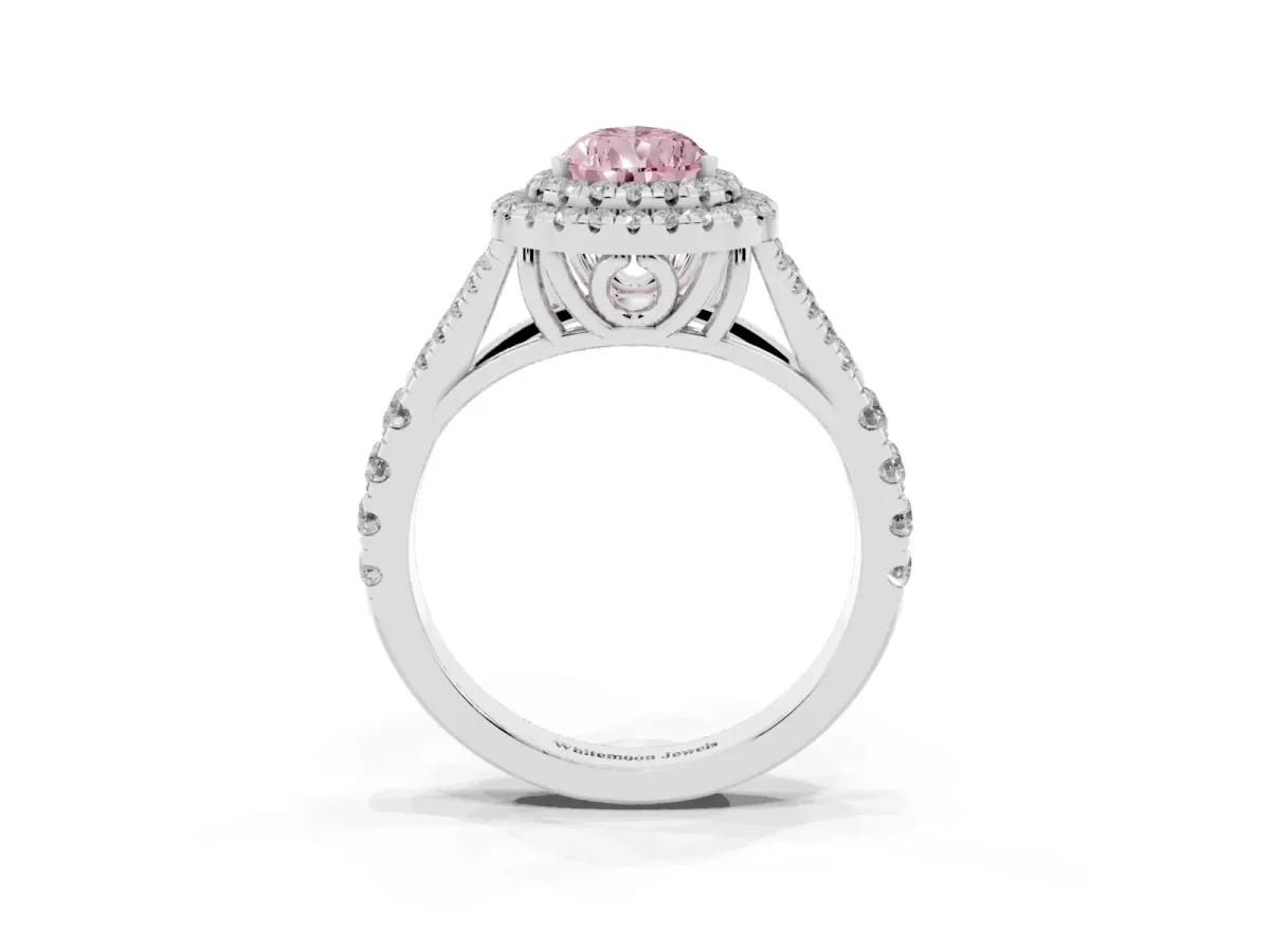 Fancy Pink Pear Cut Diamond Double Halo Ring with Split Shank and Prong Setting Platinum