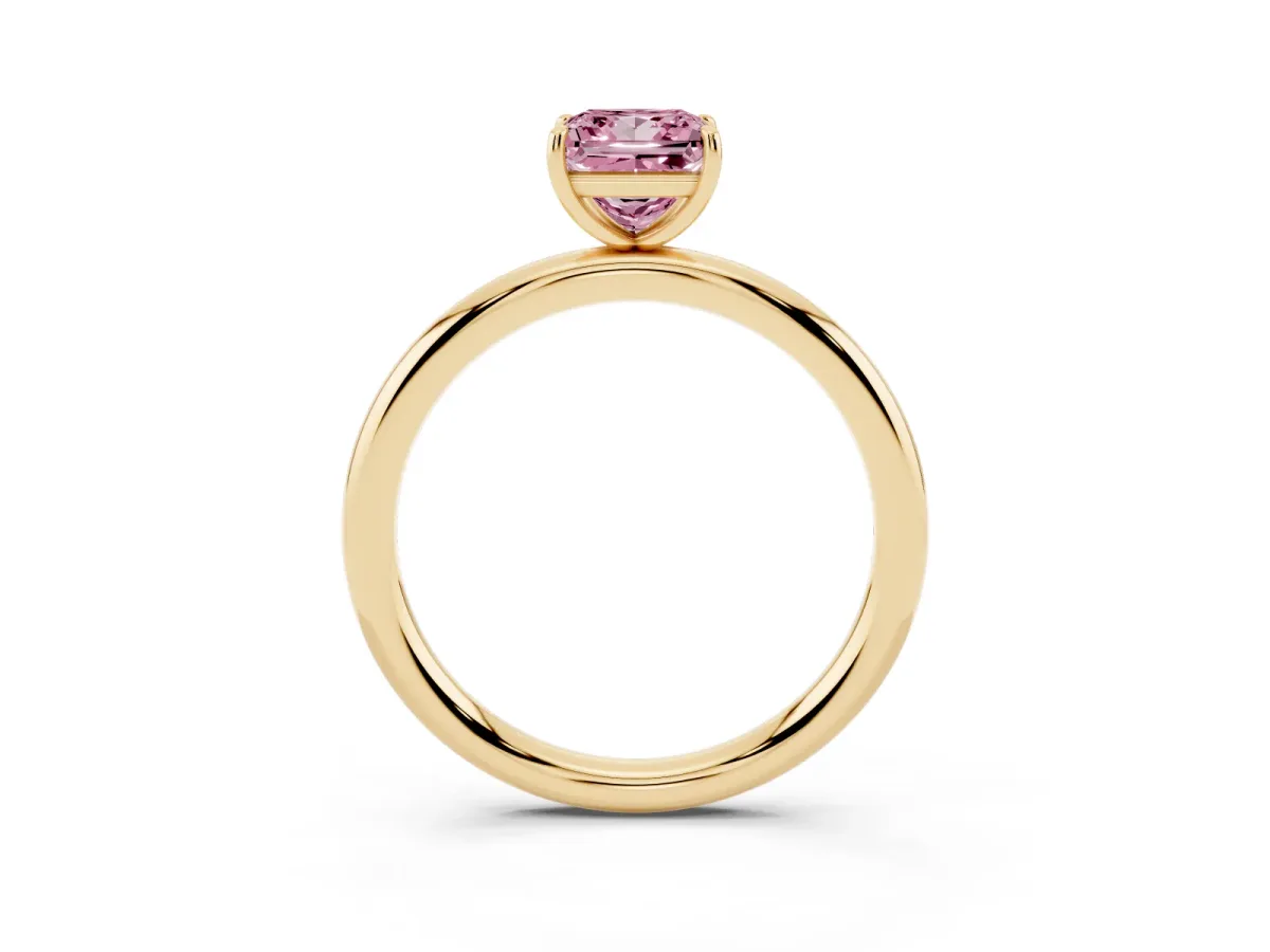 Fancy Pink Princess Cut Solitaire Diamond Ring with Four-Prong Setting on a Plain Band Yellow gold