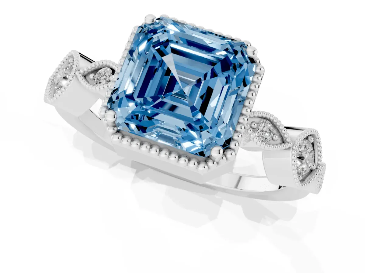 Fancy Blue Asscher Cut Diamond Vintage Milgrain Ring with Round Stations Silver