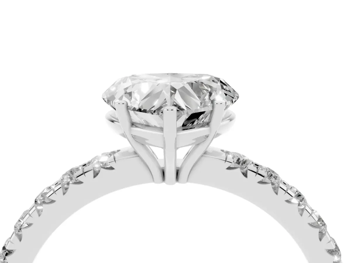 Heart Cut Diamond Pavé Solitaire Engagement Ring with Four-Prong Setting Silver