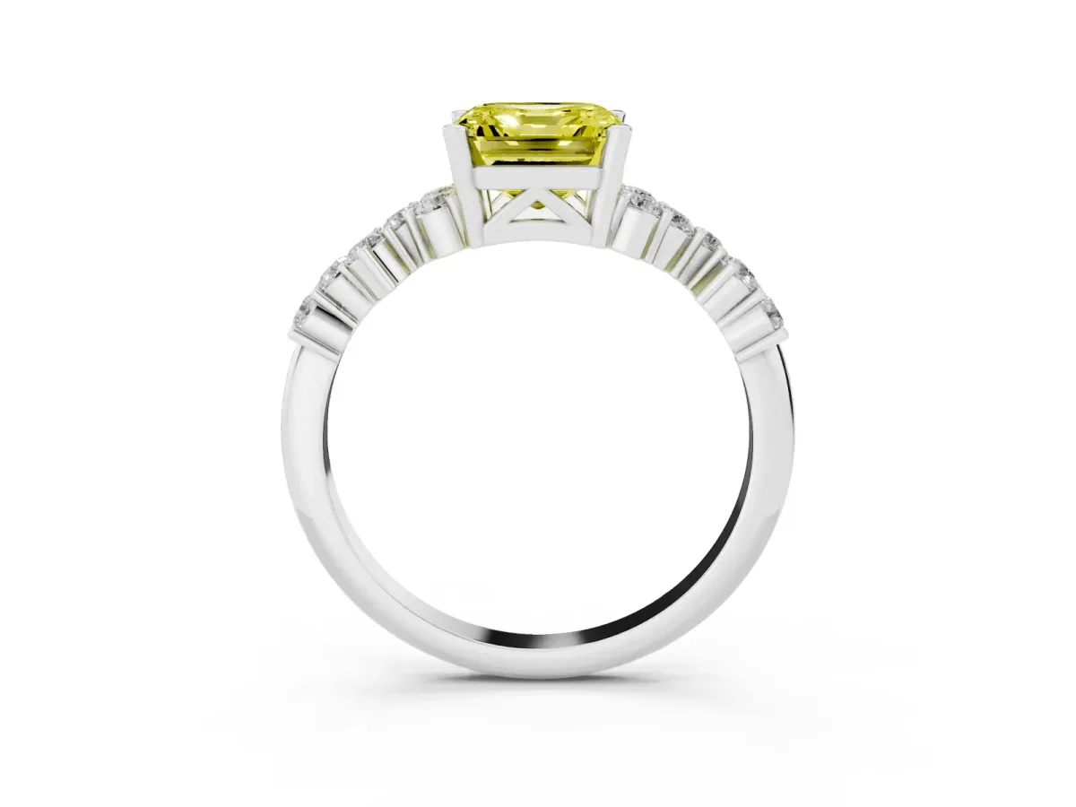 Fancy Yellow Asscher Cut Diamond Scattered Round Accent Ring with Prong Setting Silver