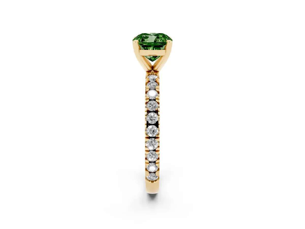 Fancy Green Cushion Cut Diamond Pavé Band Solitaire with Four-Prong Setting Yellow gold