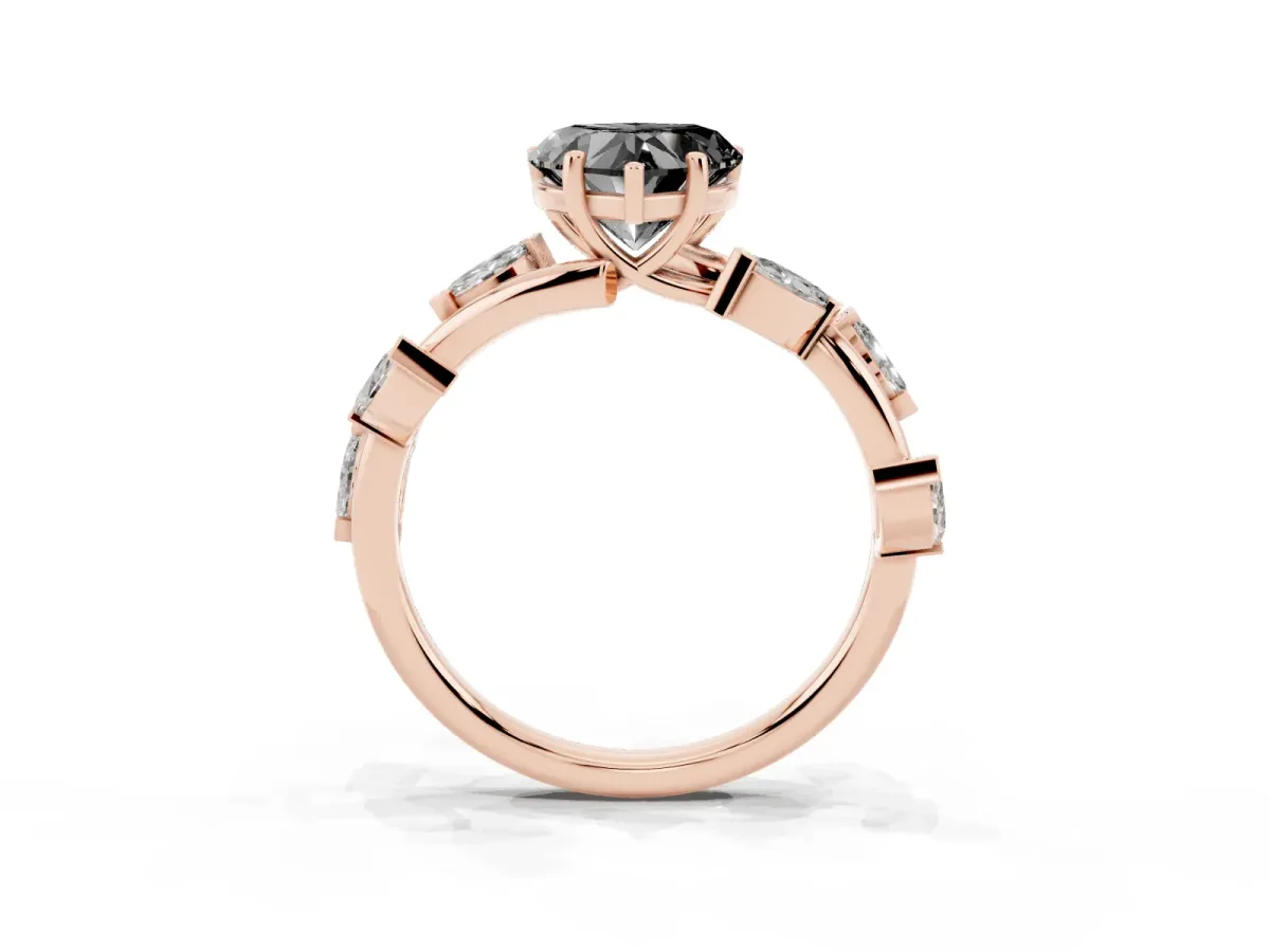 Fancy Black Heart Cut Solitaire Twisted Band Marquise Accent Prong Setting Ring Rose gold