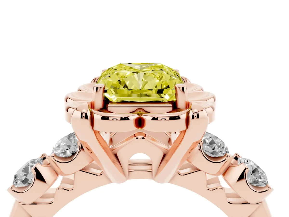 Fancy Yellow Radiant Cut Cut Diamond Floral Halo Engagement Ring with Shared Prong Setting Rose gold
