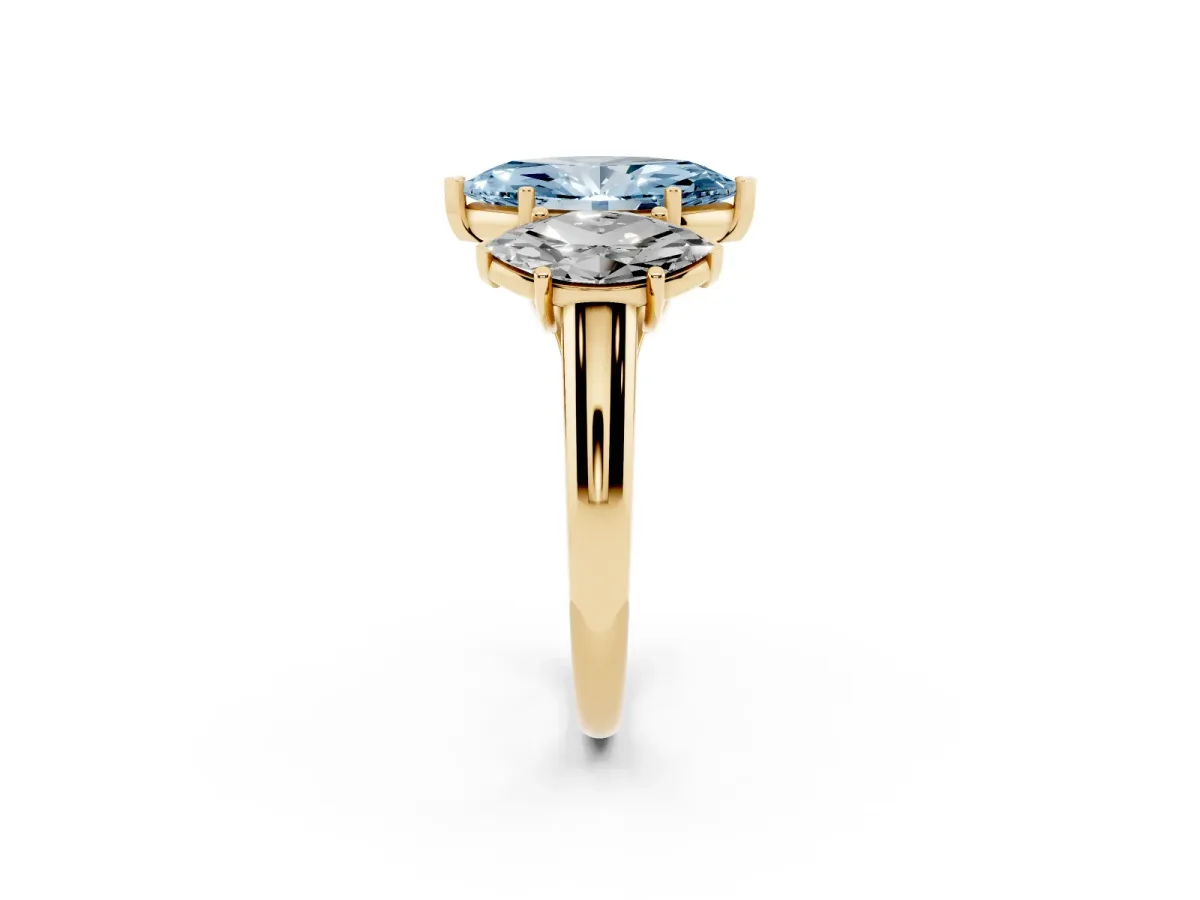 Fancy Blue Three-Stone Marquise Cut Diamond Engagement Ring with Prong Setting Yellow gold
