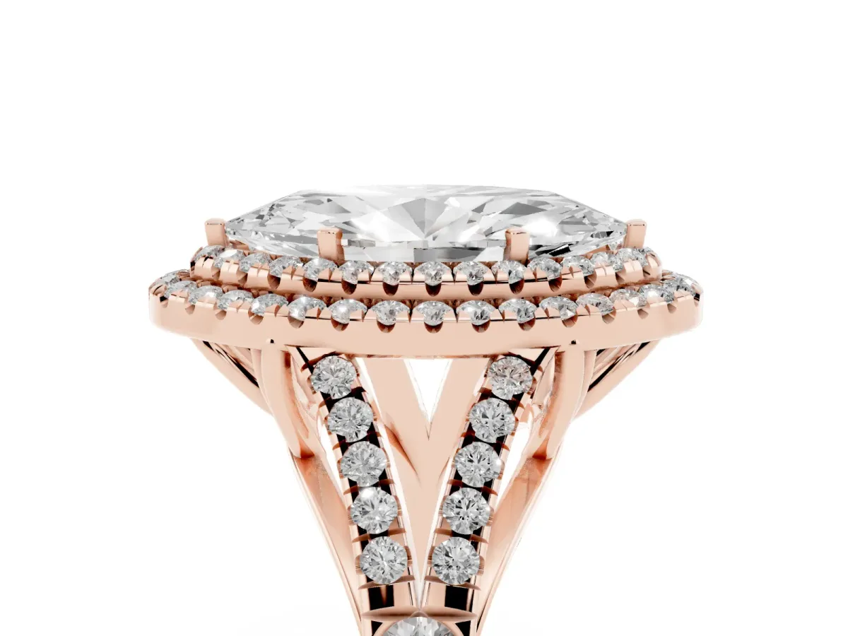 Marquise Cut Cut Double Halo Split Shank Diamond Ring with Prong Setting Rose gold