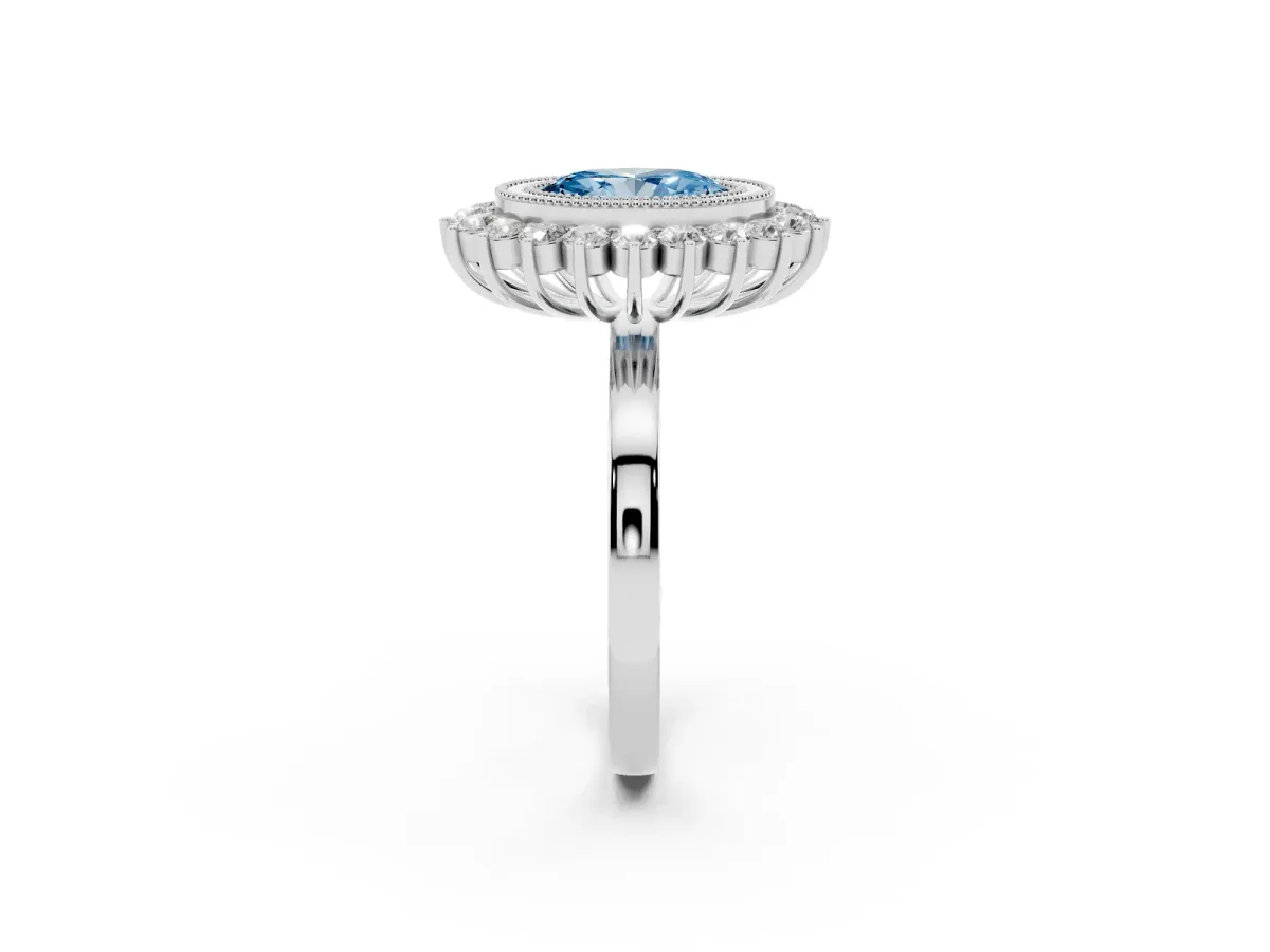 Fancy Blue Oval Cut Halo Diamond Ring with Milgrain Edge and Round Prong Setting Silver