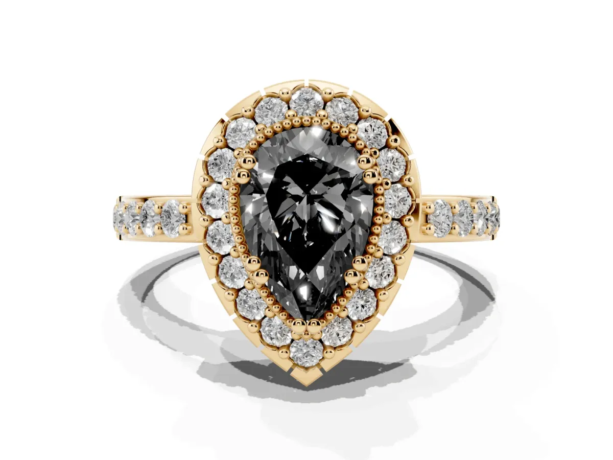 Fancy Black Pear Cut Diamond Halo Ring with Pavé Band and Prong Setting Yellow gold