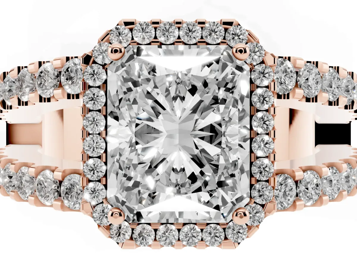 Radiant Cut Cut Halo Split Shank Diamond Ring with Four-Prong Setting Rose gold