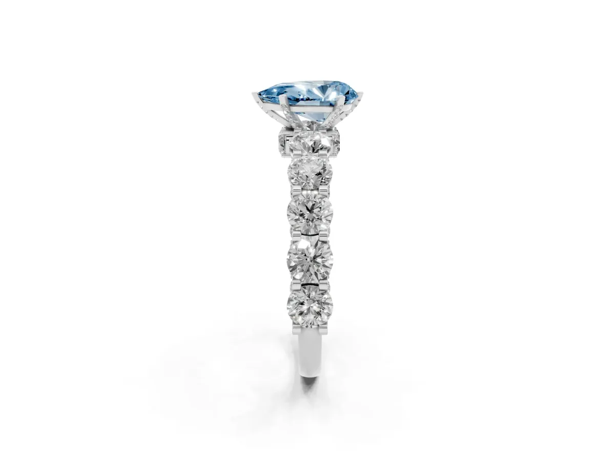 Fancy Blue Pear Cut Diamond Side Stone Engagement Ring with Four-Prong Setting White gold