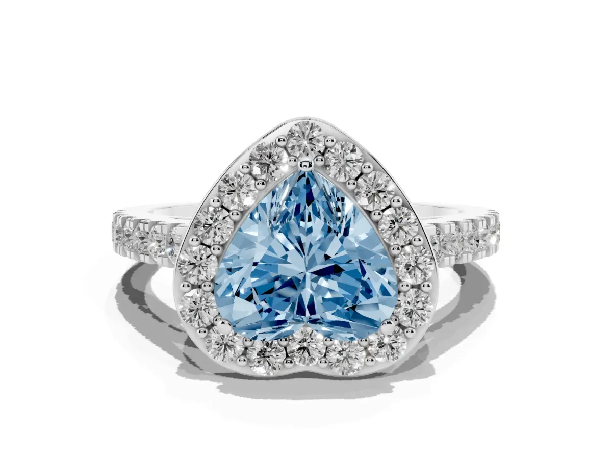Fancy Blue Heart Cut Diamond Halo Ring with Round Pavé Split Shank and Prong Setting Silver