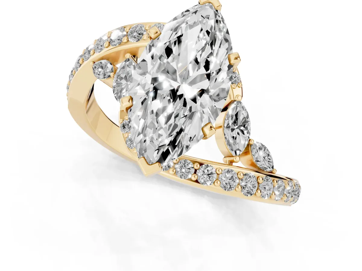 Marquise Cut Solitaire with Pavé Twist Band and Four-Prong Setting Yellow gold