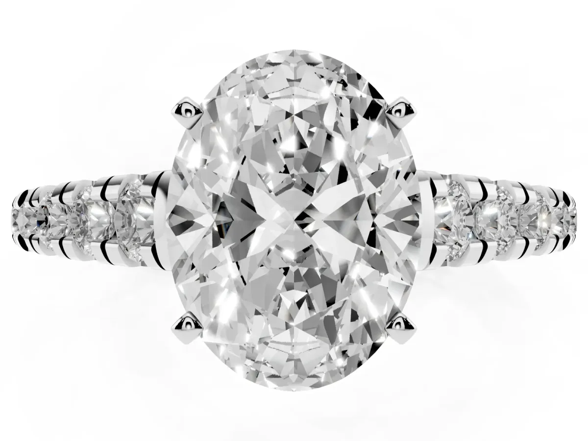 Oval Cut Diamond Cathedral Solitaire Ring with Round Pavé Band Silver