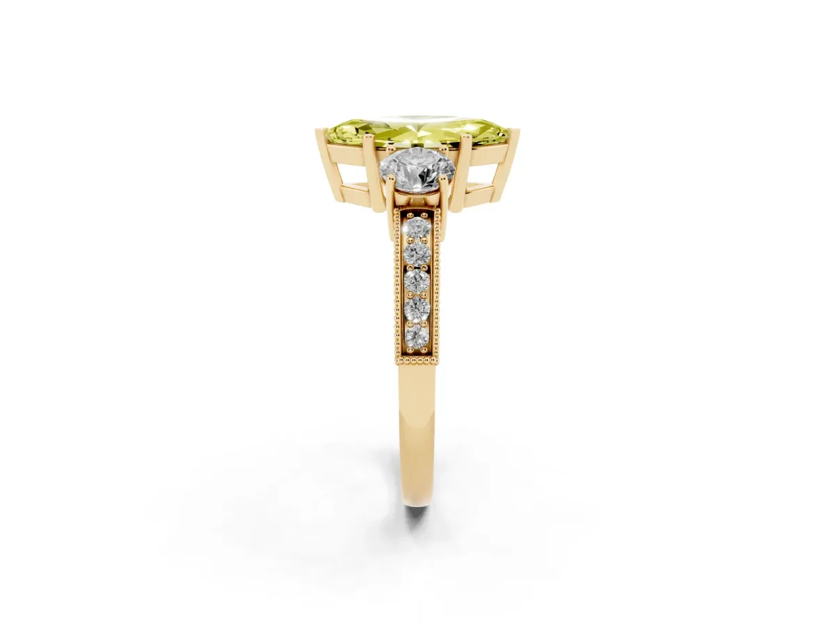 Fancy Yellow Marquise Cut Three-Stone Diamond Ring with Pavé Band and Four-Prong Setting Yellow gold