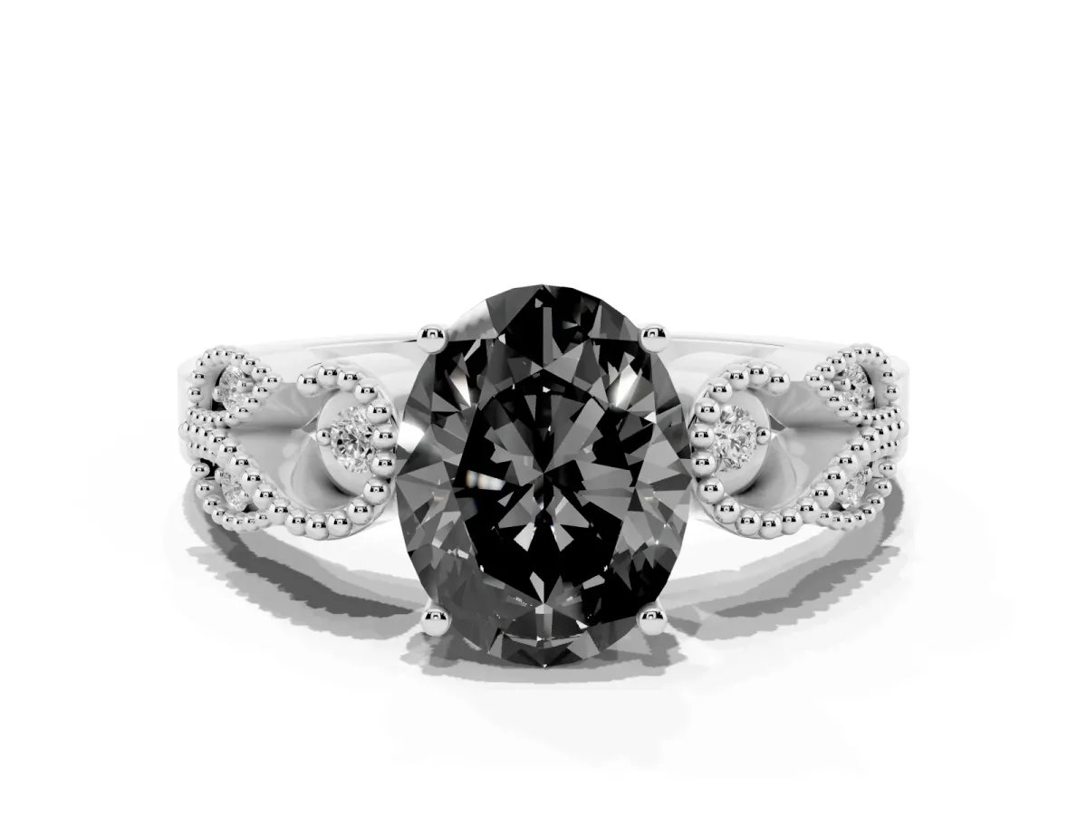 Fancy Black Oval Cut Solitaire Milgrain Leaf Band with Prong Setting Silver