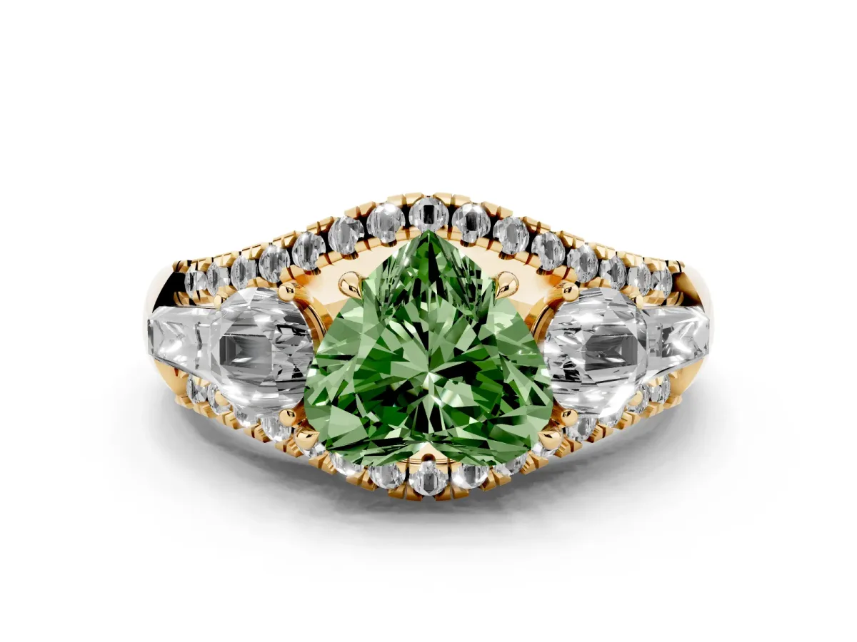Fancy Green Three-Stone Heart Cut Diamond Engagement Ring with Pave Band and Prong Setting Yellow gold