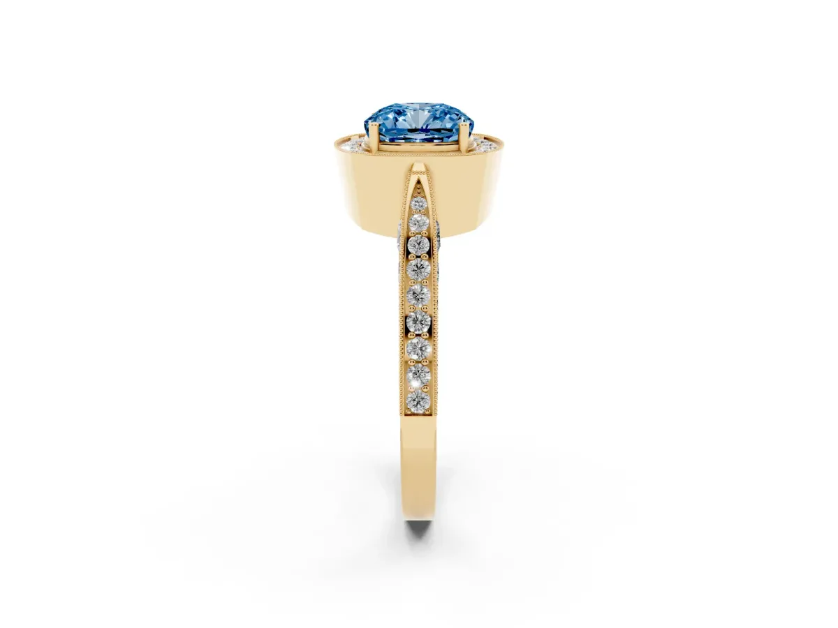 Fancy Blue Cushion Cut Halo Diamond Engagement Ring with Split Shank Band and Four-Prong Setting Yellow gold