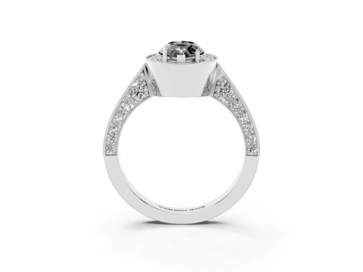 Fancy Black Marquise Cut Halo Diamond Engagement Ring with Split Shank Band and Four-Prong Setting Silver