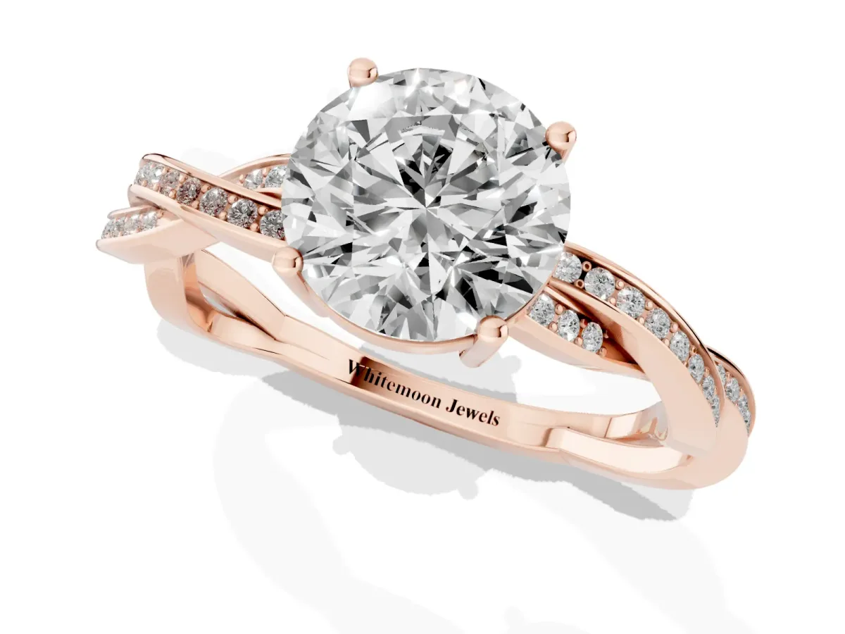 Round Cut Solitaire Twisted Pave Diamond Ring with Four-Prong Setting Rose gold