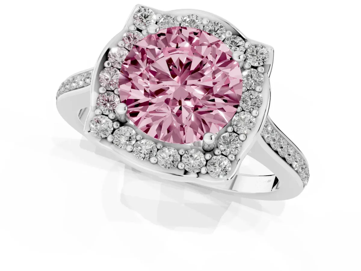 Fancy Pink Round Cut Halo Round Diamond Pave Band with Four-Prong Setting Silver