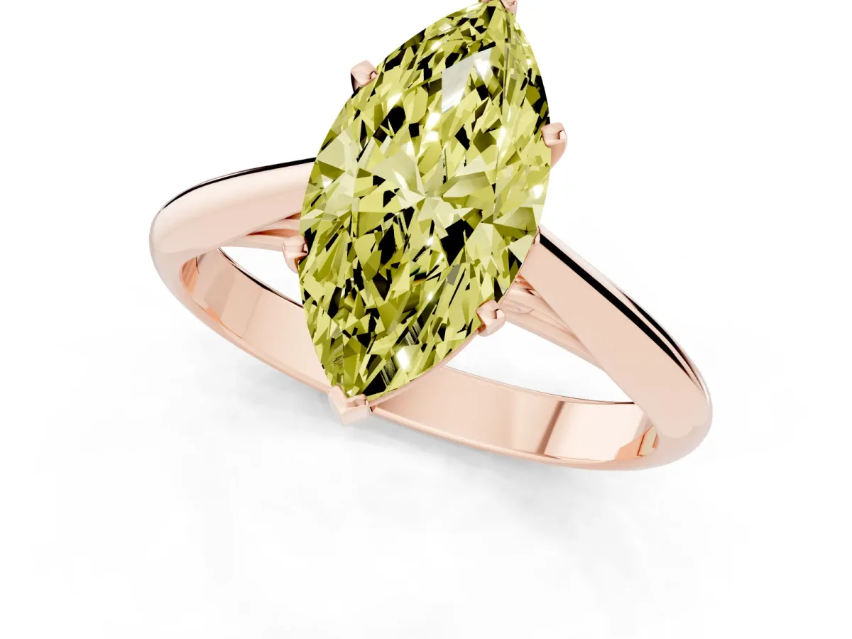 Fancy Yellow Marquise Cut Diamond Solitaire Engagement Ring with Cathedral Setting and Four-Prong Mount Rose gold