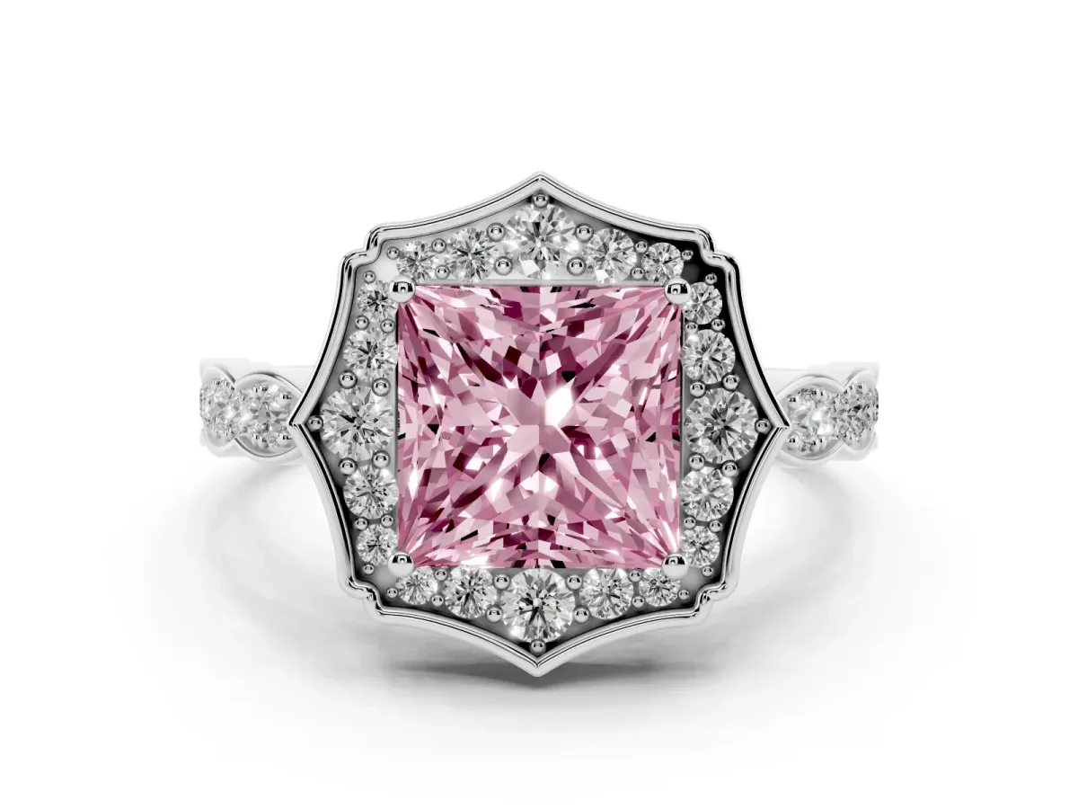 Fancy Pink Princess Cut Halo Diamond Engagement Ring with Milgrain Band and Four-Prong Setting Silver