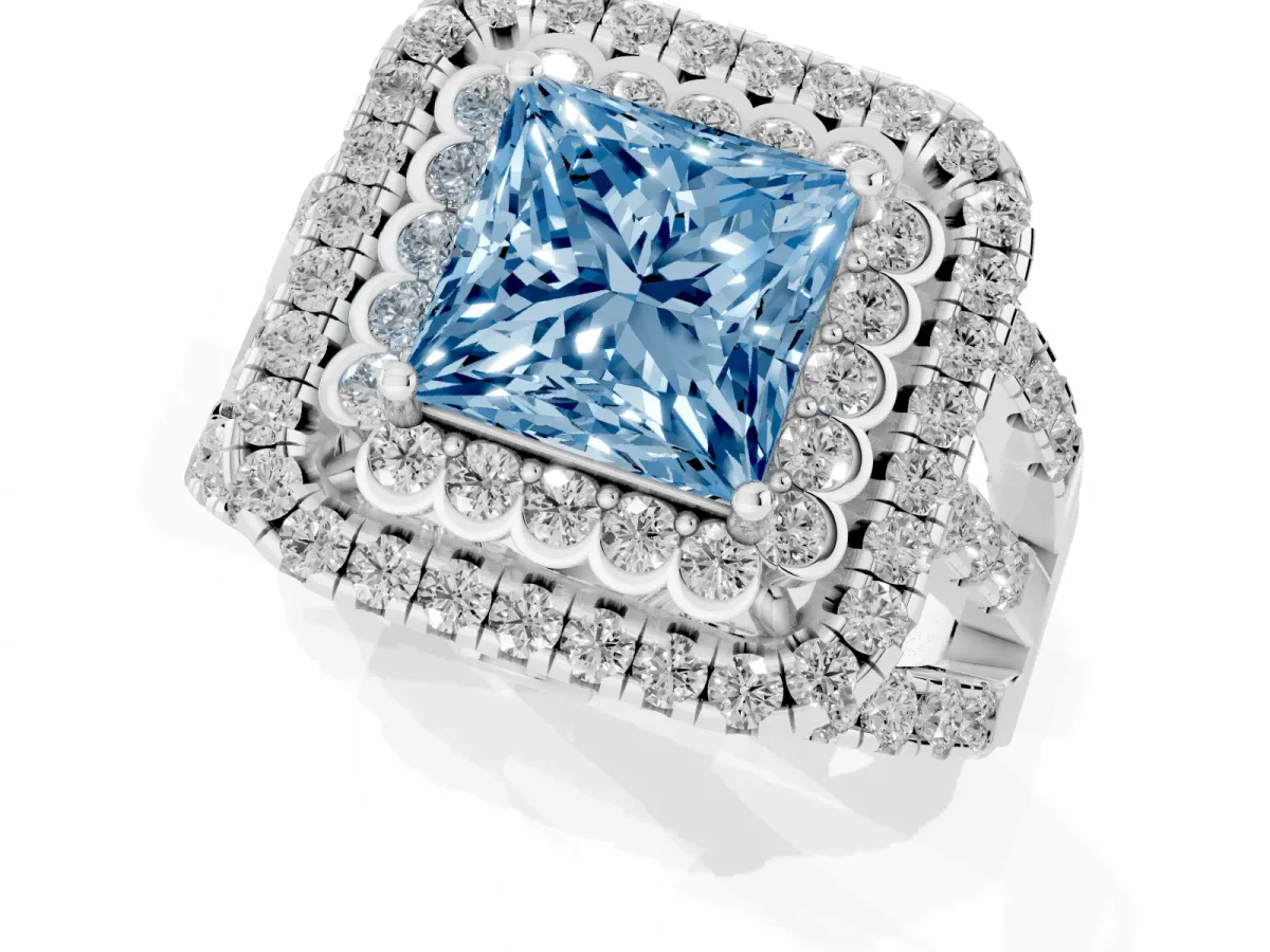 Fancy Blue Princess Cut Diamond Double Halo Ring with Round Pavé Split Shank and Prong Setting Silver